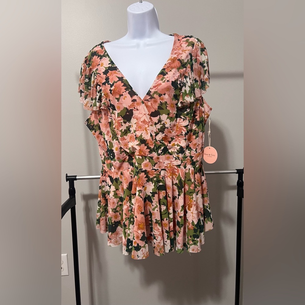 Floral V-Neck Ruffle Sleeve Peplum Style Blouse